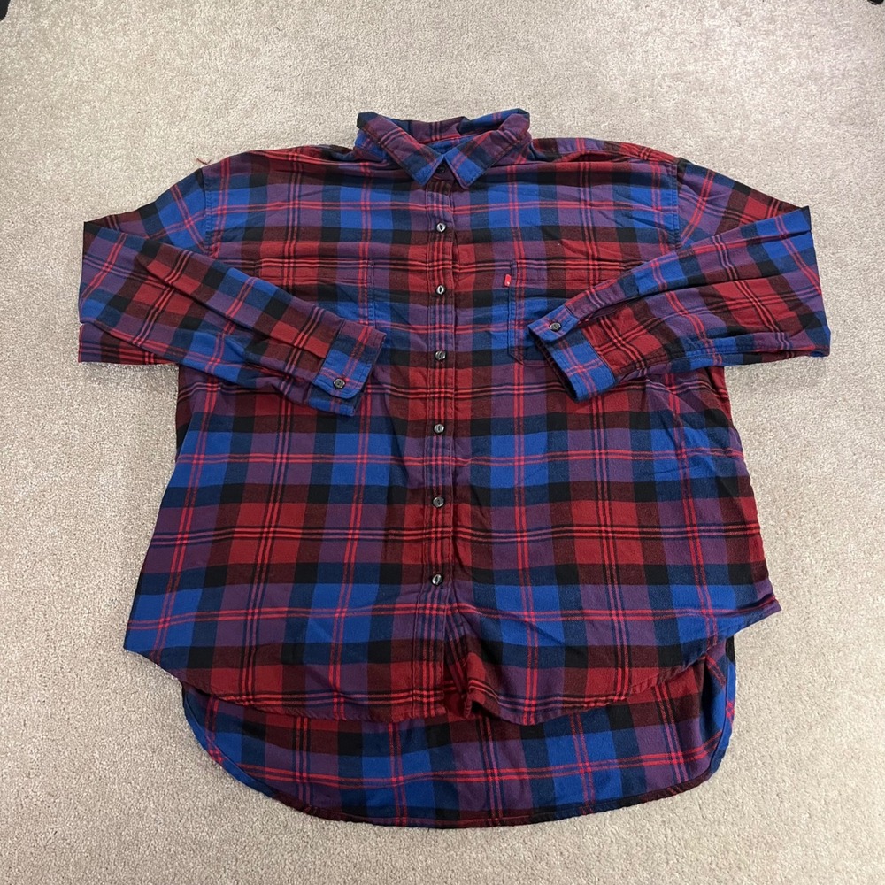 Levi's Plaidโ Flannel Button Down Shirt Womens XL Red Blue High-Low Hem